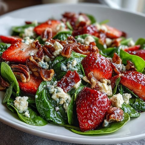 Fresh strawberry spinach salad topped with crumbled goat cheese and crunchy candied pecans, drizzled with tangy balsamic dressing.  