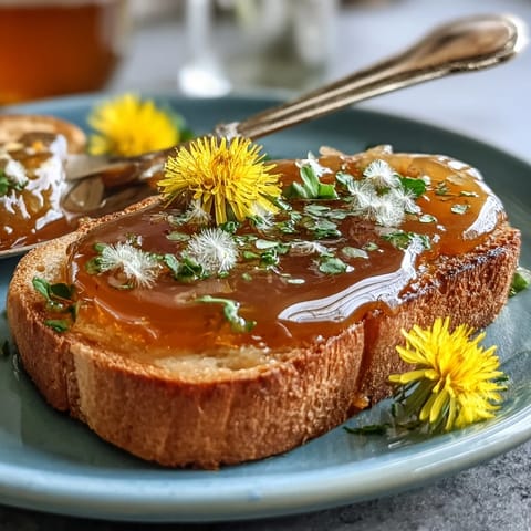 Bright, golden dandelion jelly with lemon and honey, spread on warm toast for a floral springtime breakfast.