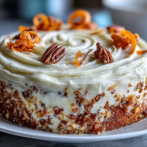 Tender Easter Carrot Cake, frosted generously and adorned with sweet candied carrot garnishes.
