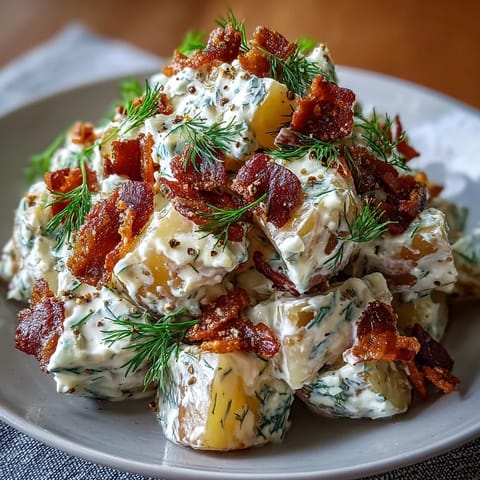 Creamy Memorial Day Potato Salad with crispy bacon and fresh dill garnish.