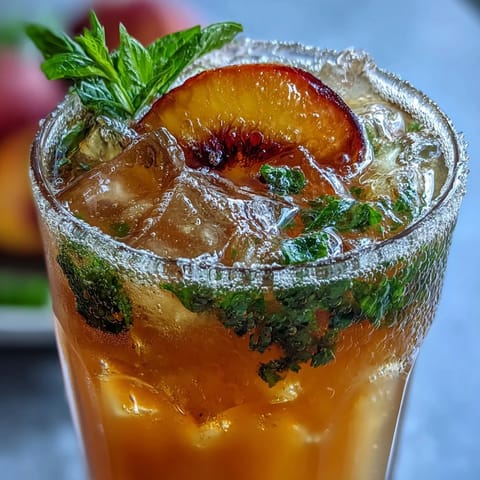 This Iced Peach Green Tea Lemonade looks perfectly blended, ready to sip.