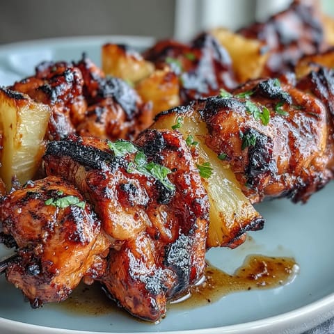Juicy al pastor chicken skewers with caramelized pineapple, perfect for a summer BBQ.