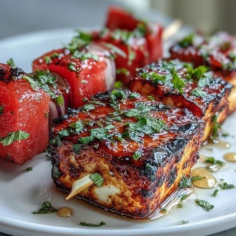 Golden grilled halloumi skewers with refreshing watermelon and mint, perfect appetizer.