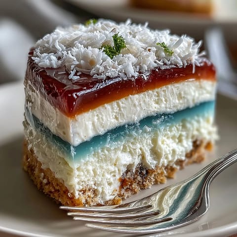 Silky, layered Rainbow Jelly Cake, a dairy-free dessert bursting with colorful fruit flavors.