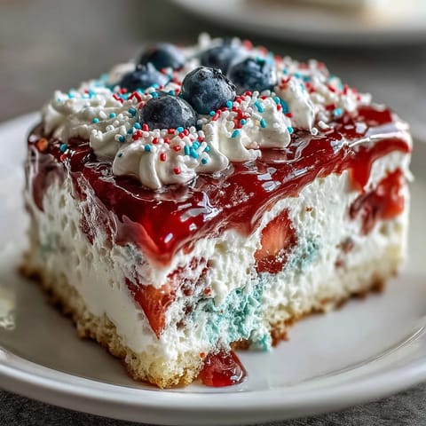 Festive Memorial Day Red White Blue Poke Cake topped with whipped cream and sprinkles.