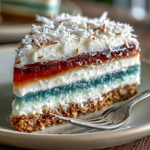 Vibrant Rainbow Jelly Cake with creamy coconut topping, perfect for a festive gathering.