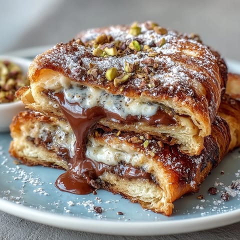 Close-up of Dubai Chocolate Pistachio Croissant French Toast, gooey chocolate, golden crust.