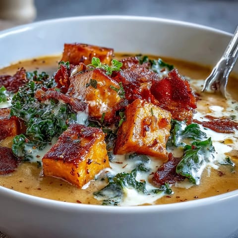 Hearty Smoky Sweet Potato Chowder with crispy pancetta topping.