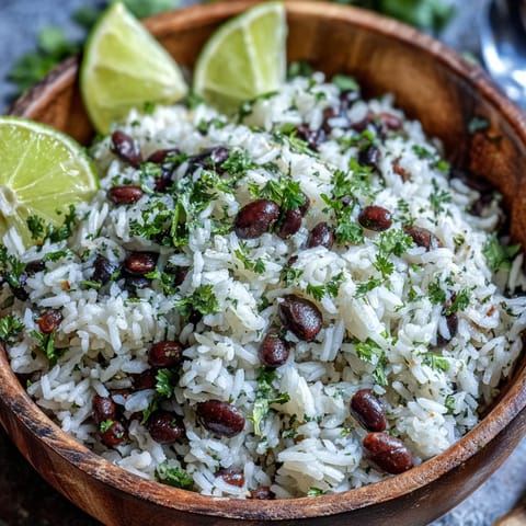 Vibrant Coconut Lime Rice with black beans and cilantro garnish, ready to serve.