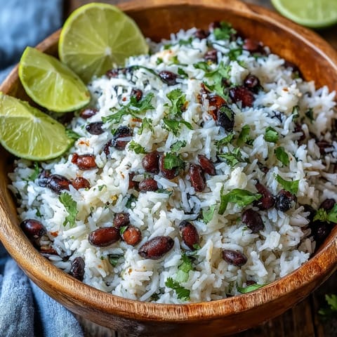 Fluffy Coconut Lime Rice, a flavorful and colorful side dish with beans.