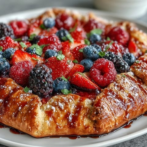 Rustic Summer Berry Galette, golden almond crust piled high with glistening fruit.