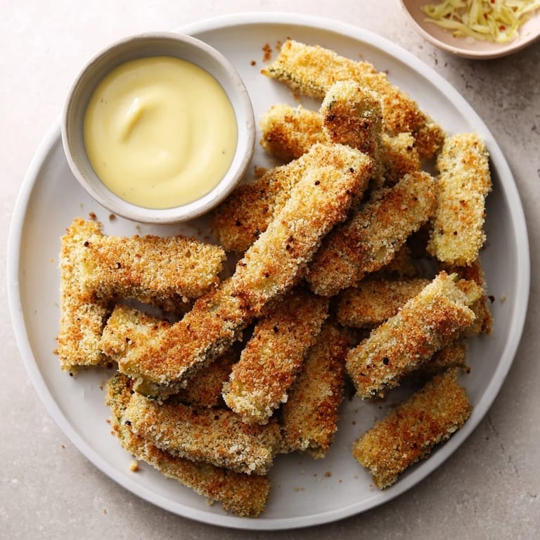 Crispy Parmesan Zucchini Fries, a delicious vegetarian appetizer served with a flavorful sauce.