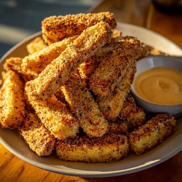 Freshly baked, golden Crispy Parmesan Zucchini Fries, alongside a vibrant herb-filled dipping sauce.