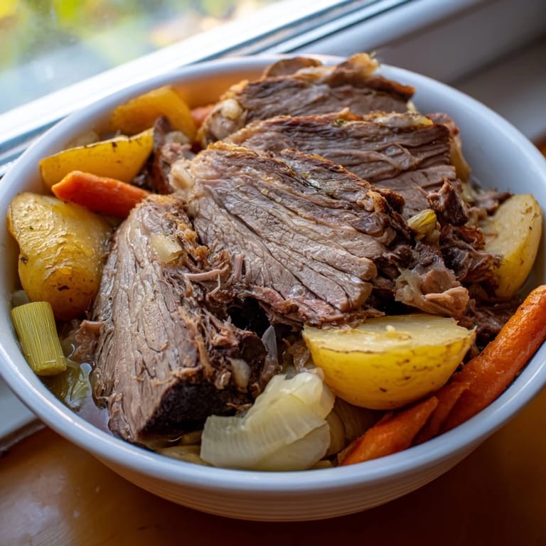 Close-up of a steaming Slow-Roasted Beef Pot Roast, overflowing with carrots and potatoes.
