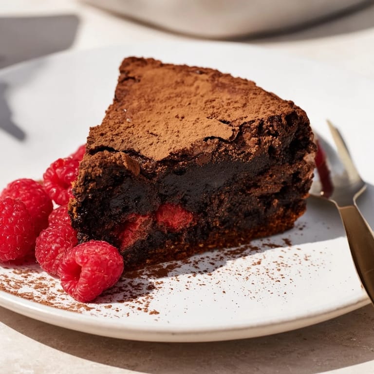 A warm slice of decadent dark chocolate brownie tart, boasting a fudgy center and crispy crust.