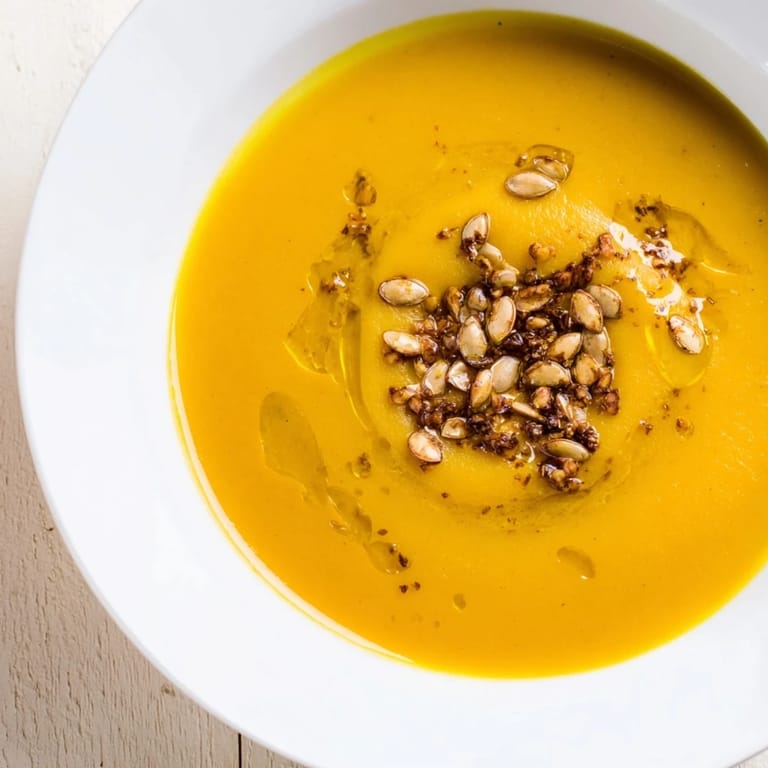 A close-up of steaming Creamy Roasted Pumpkin Soup, invitingly smooth, topped with toasted pepitas, ideal for cooler evenings.