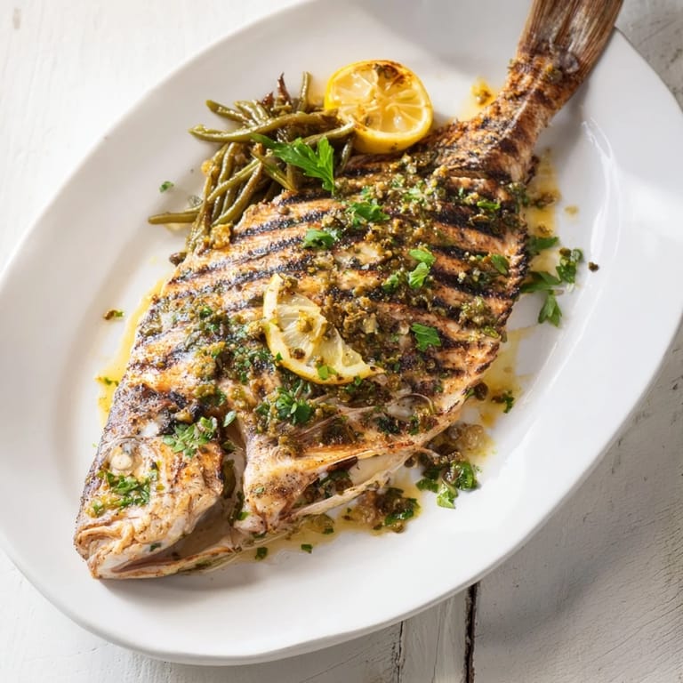 Juicy lemon herb tilapia fillets and green beans, beautifully cooked on a sheet pan, ready to serve.