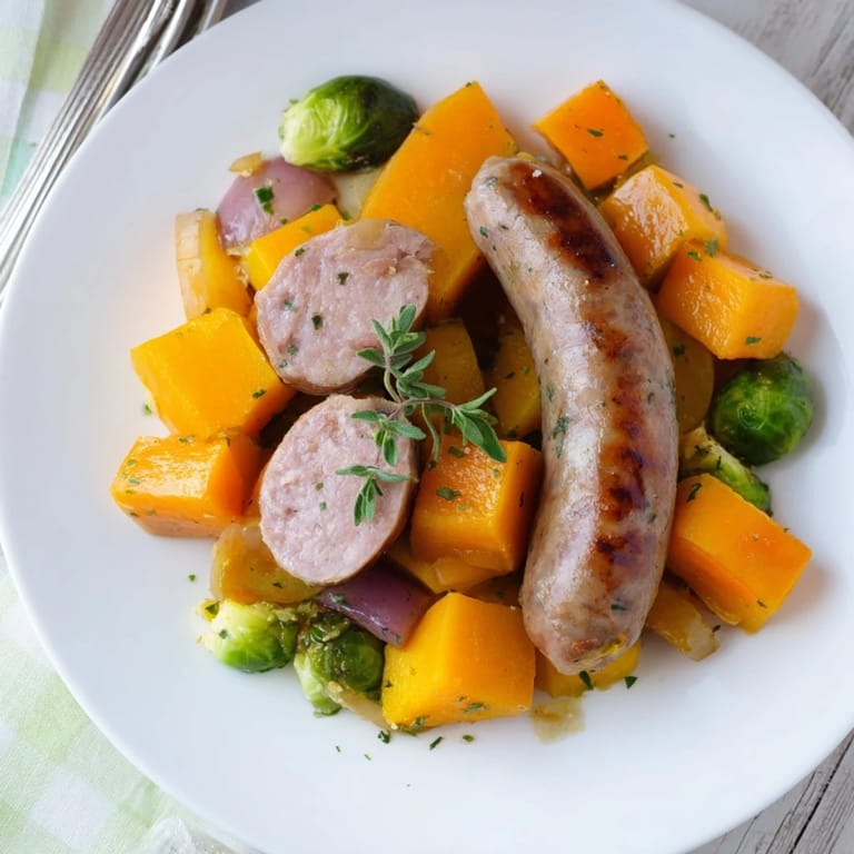 Golden-brown Hearty Sheet Pan Sausage and Autumn Veggie Medley, ready to serve with a sprinkle of fresh parsley.