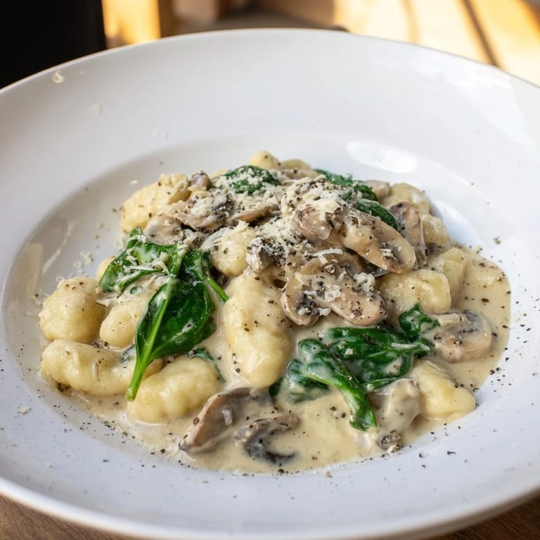 A comforting skillet of One-Dish Mushroom and Spinach Gnocchi, sizzling with creamy sauce and herbs.