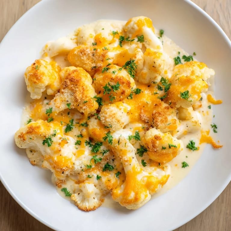 A baked dish of creamy Cheesy Cauliflower Mac with a golden cheesy topping, perfect comfort food.