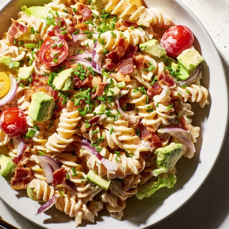 Bright, refreshing BLT Pasta Salad: Enjoy the taste of summer with crispy bacon and fresh veggies!