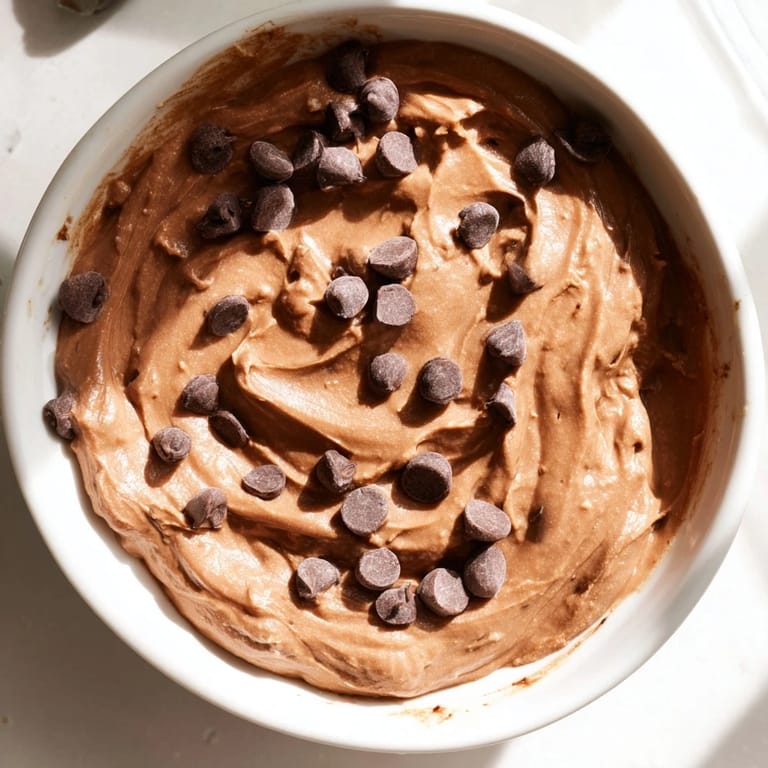 Gluten-free brownie batter dip, thick and rich, with chocolate chips ready for dipping.
