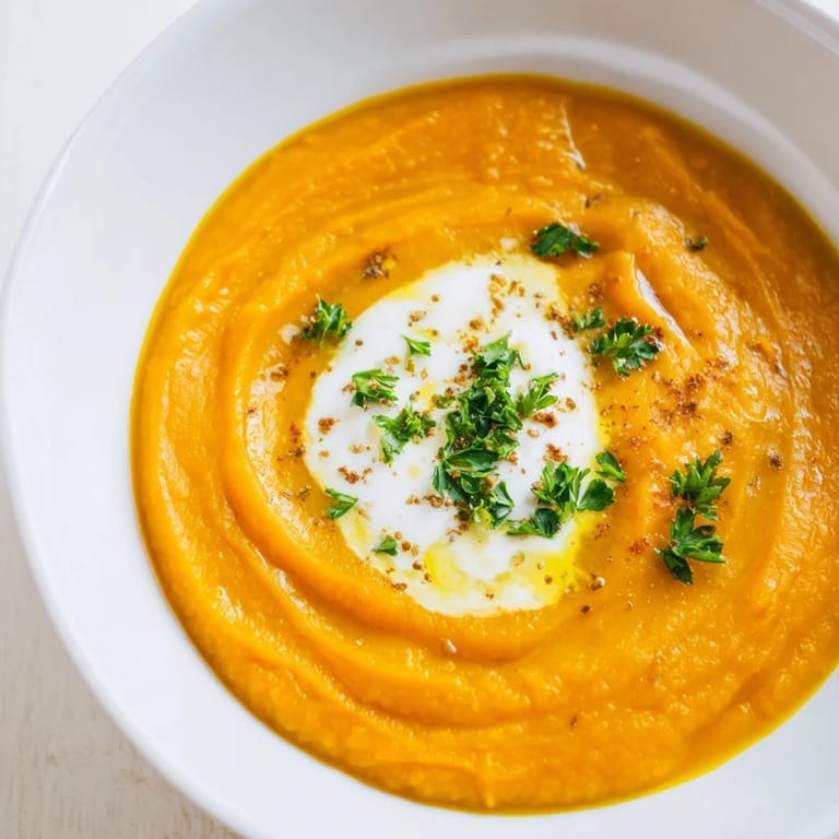 Homemade Sweet Maple Carrot Soup, perfectly smooth and subtly sweetened for a chilly evening dinner.