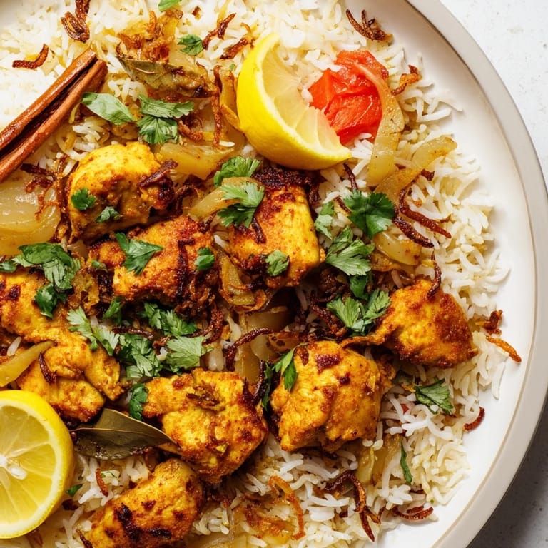 Steaming plate of Easy Chicken Biryani, showcasing fluffy basmati rice studded with chicken and spices.