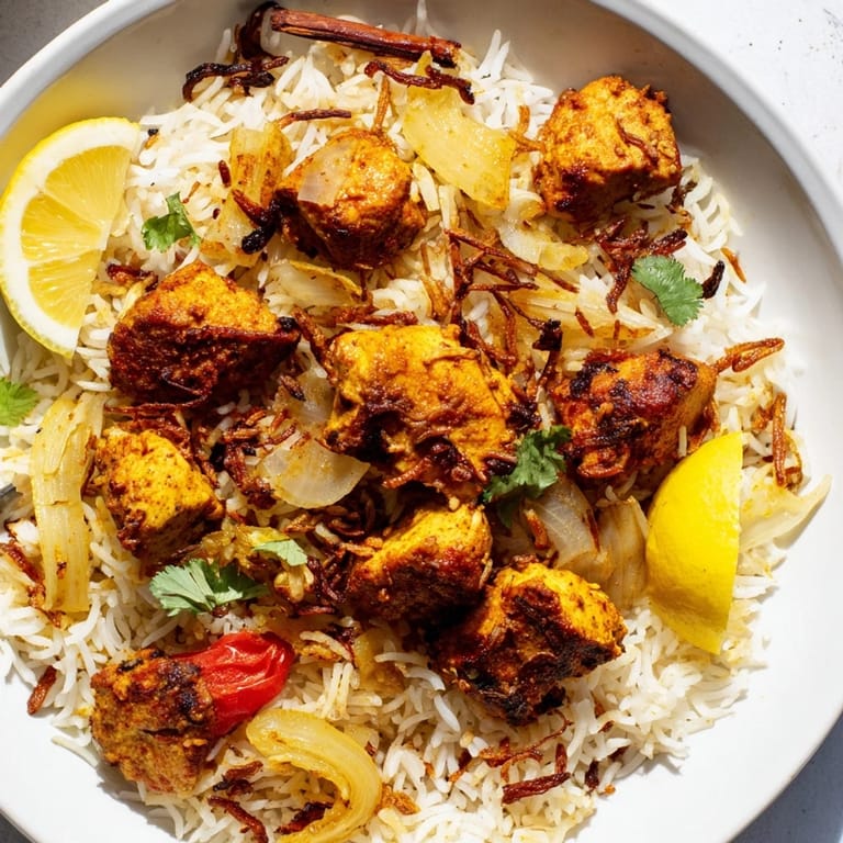 Close-up of golden Easy Chicken Biryani, garnished with cilantro, is a flavorful, gluten-free delight.