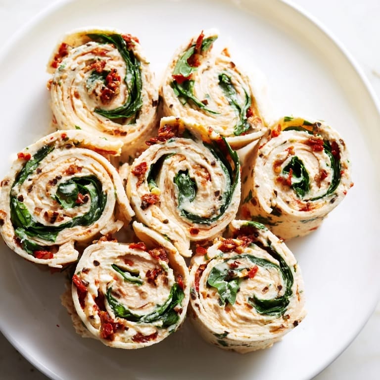 Creamy sun-dried tomato turkey roll-ups, a quick and easy Italian-inspired lunch with fresh spinach.