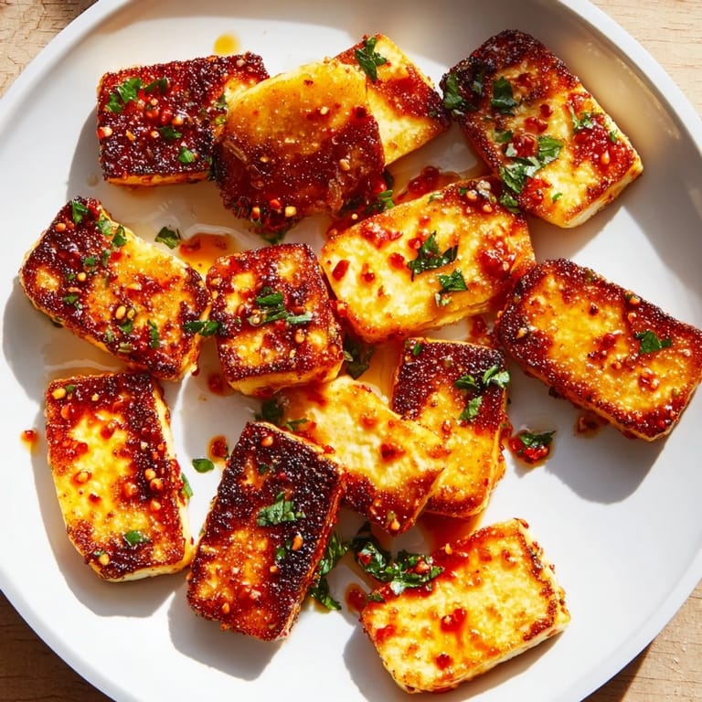 A close-up of sizzling, golden brown Hot Honey Halloumi, with a drizzle of sweet and spicy sauce.