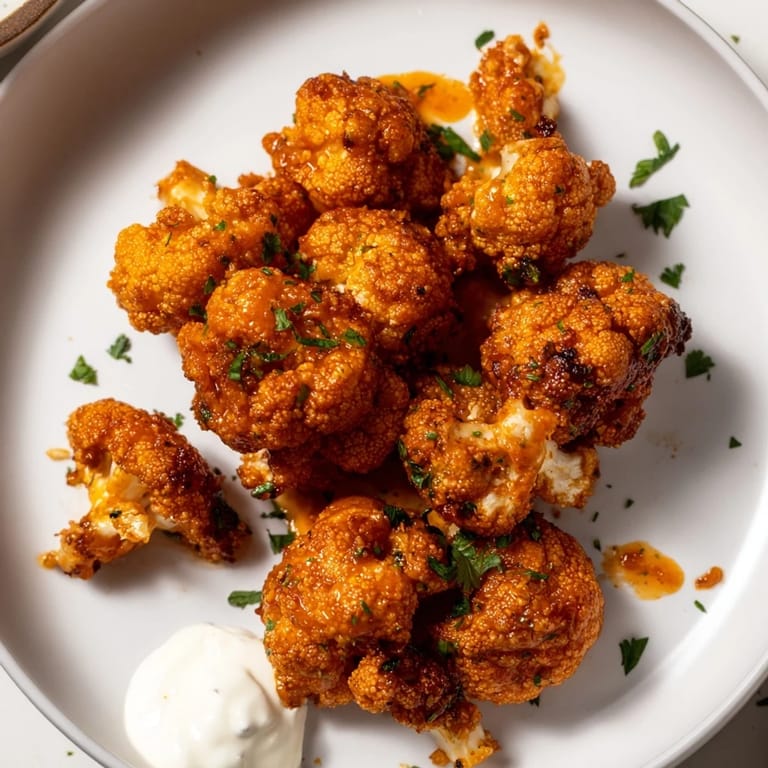 A platter of freshly baked Buffalo Cauliflower Bites with a drizzle of sauce; perfect vegan appetizer.