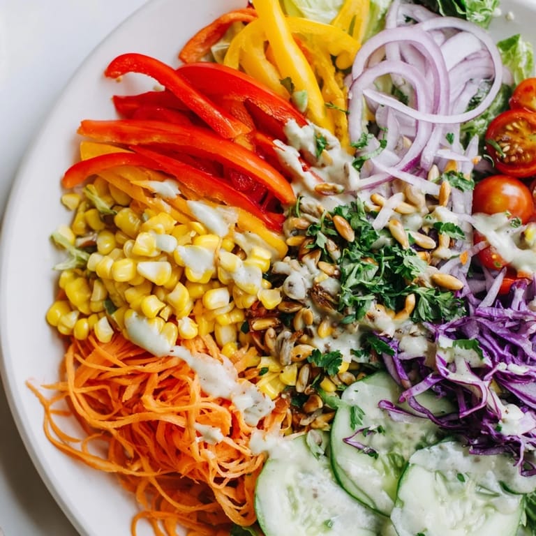 Fresh, vibrant Rainbow Salad offering a medley of crisp vegetables ready for your next lunch.