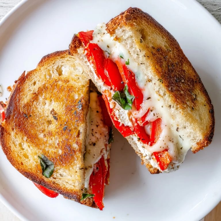 A close-up of a perfectly toasted Roasted Red Pepper Grilled Cheese, ready to be devoured, offering a satisfying crunch.