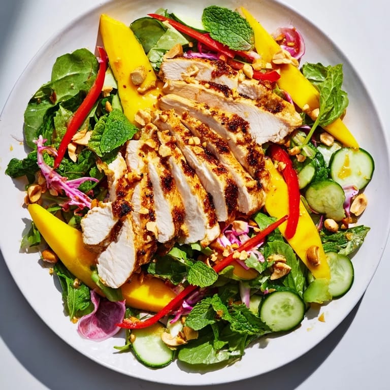 Vibrant Thai Mango Chicken Salad, featuring juicy mango and tender chicken, ready to enjoy.