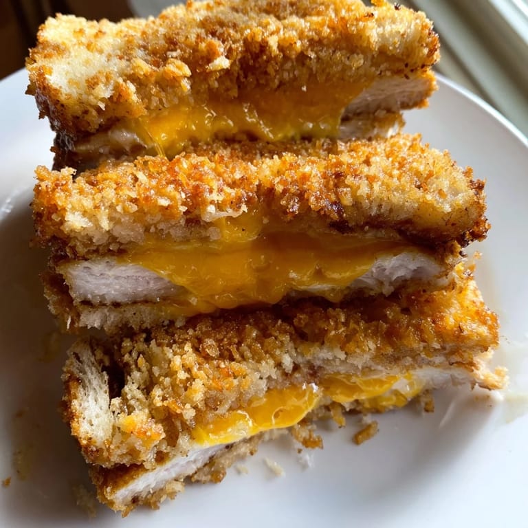 Mouthwatering image: Crispy Panko Pork Chop Grilled Cheese sandwich, golden-brown bread with the pork chop filling.