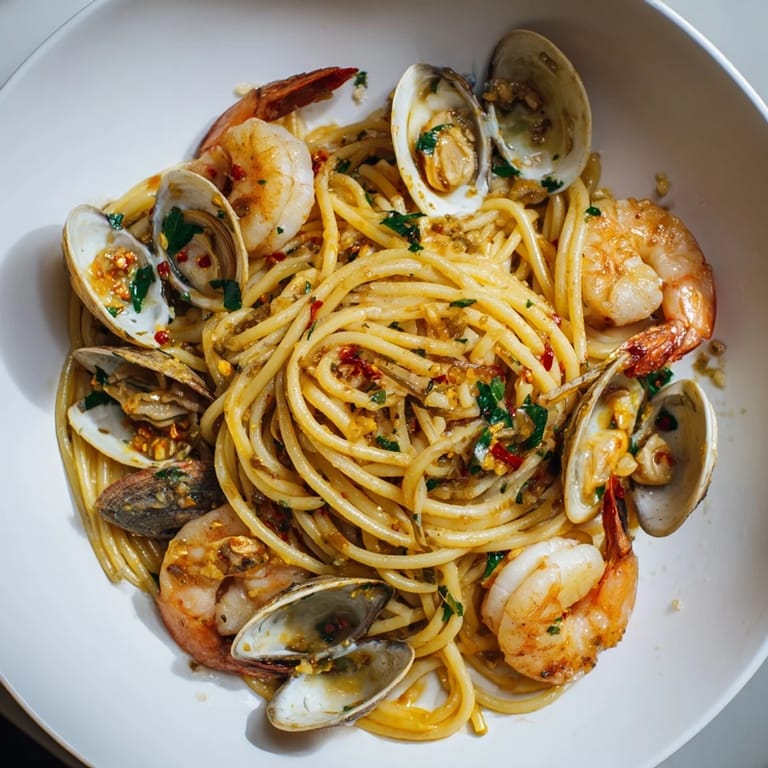 Sizzling shrimp and clams in garlic oil – a flavorful base for this amazing Seafood Pasta Aglio e Olio.