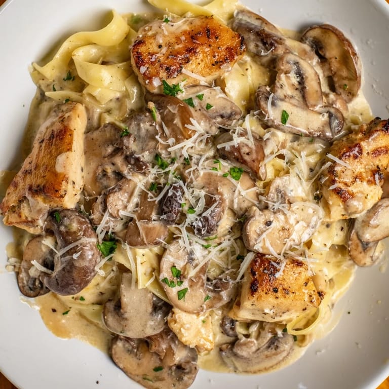 Close-up of golden, bite-sized chicken pieces in the flavorful creamy mushroom chicken pasta dish.