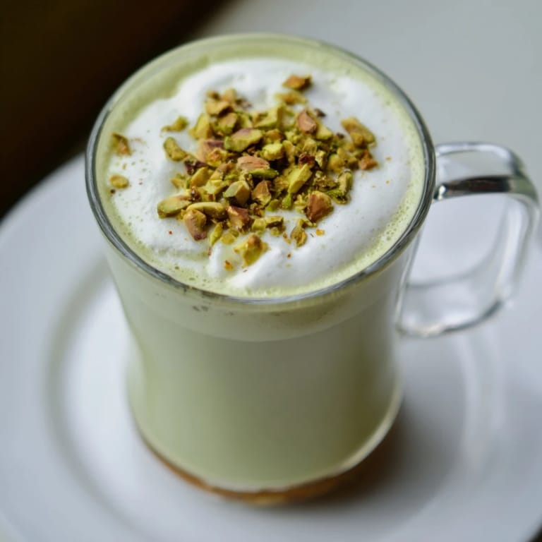 Indulge in this vibrant photo of a homemade Pistachio Latte Cloud, ready to enjoy with a biscotti.