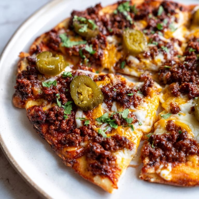 This delicious Spicy Ground Beef Pizza, fresh from the oven, offers a fantastic, spicy aroma.