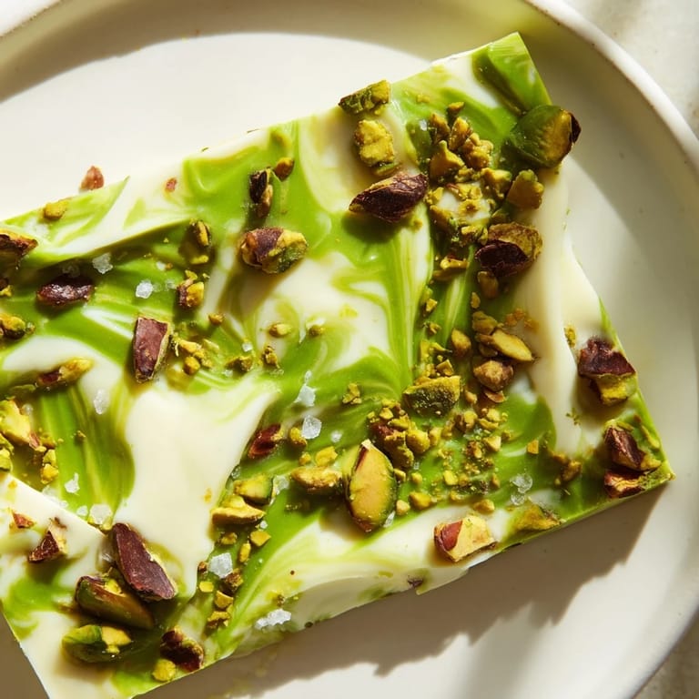 A close-up of delicious Pistachio Matcha White Chocolate bark showcasing a beautiful swirl design topped with nuts.