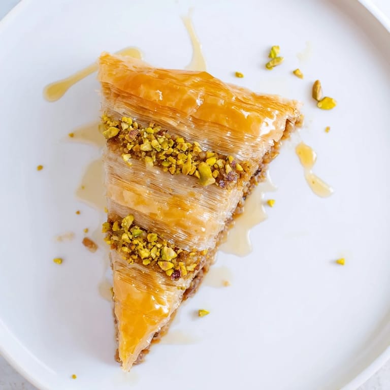 Close-up of baked Turkish Hazelnut & Pistachio Baklava, showing layers of nuts and phyllo pastry.