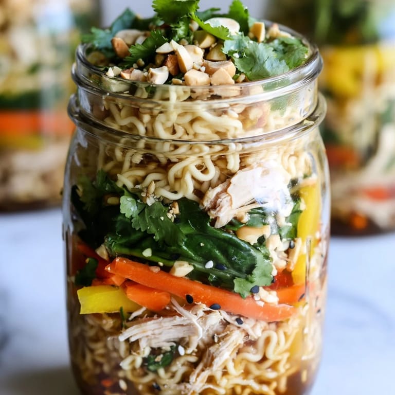 Vibrant shredded carrots and bell peppers sit atop tender noodles in a portable jar, perfect for busy workdays.