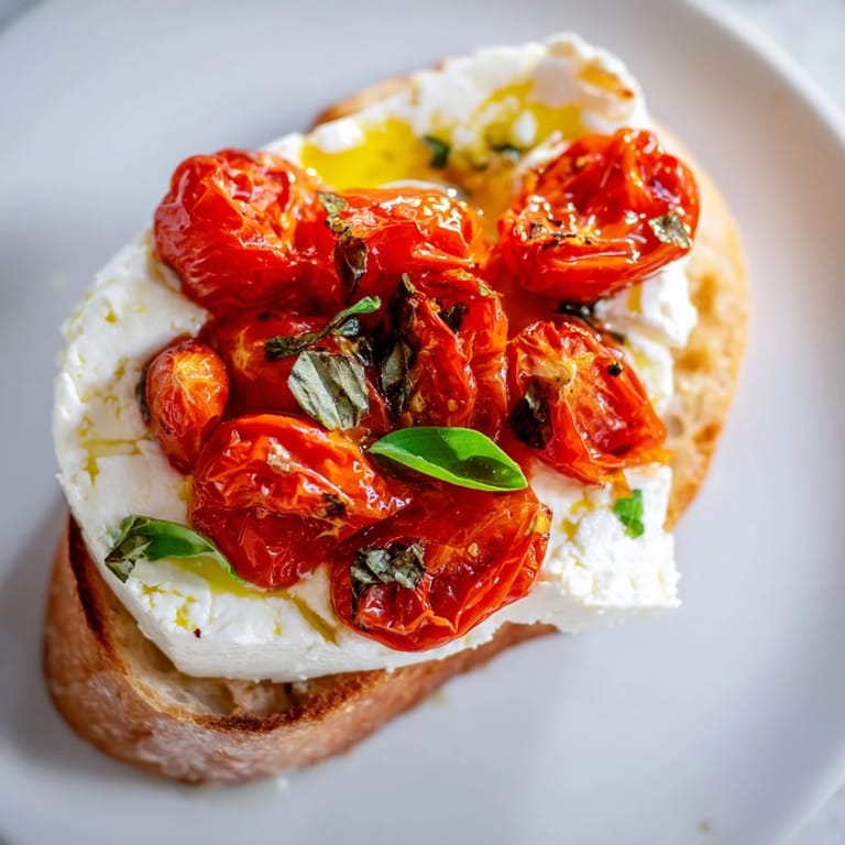 Savory Baked Feta Toast drizzled with olive oil, featuring roasted tomatoes and basil for serving.