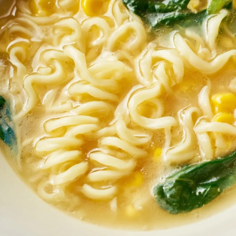 Quick Elevated Ramen Egg Drop Soup served hot in a ceramic bowl with a spoon resting beside it.