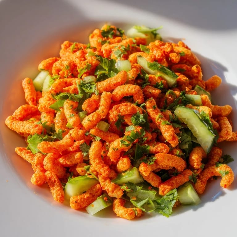 Crunchy Flamin Hot Cheeto Salad featuring bold red Cheetos, crisp green cucumber, and chopped cilantro for a spicy snack.