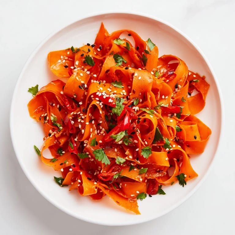 A light, colorful bowl of Carrot Ribbon Salad Asian-Style with delicate carrot ribbons and a hint of red chili, ready to serve.