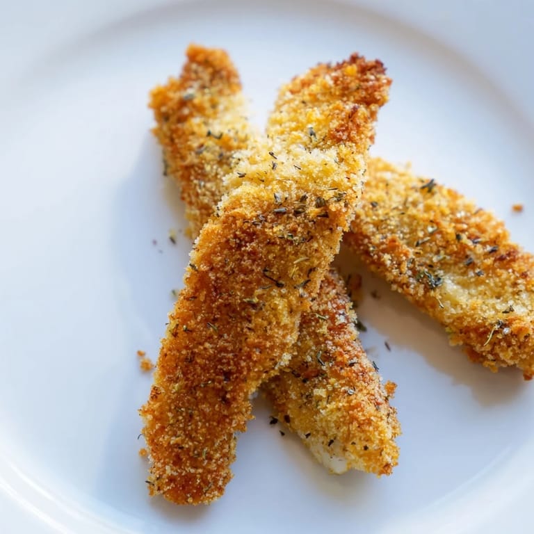 Upright shot of Crispy Panko Chicken Strips on a plate with vibrant veggies for a complete meal.