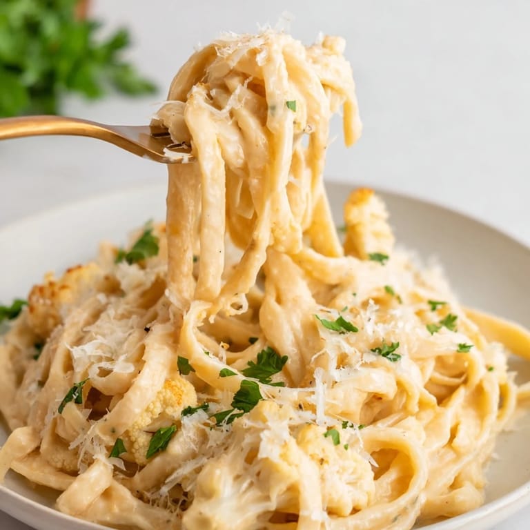 Plated Roasted Cauliflower Alfredo with extra Parmesan and a fork resting beside the pasta dish.
