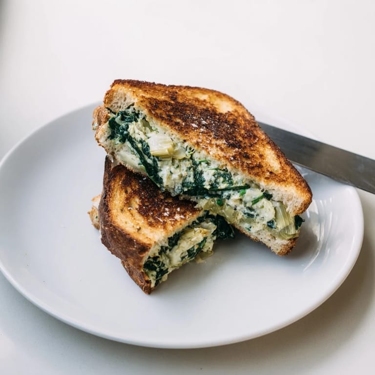 A close-up view shows crispy crusts on a homemade spinach artichoke grilled cheese, steam rising.